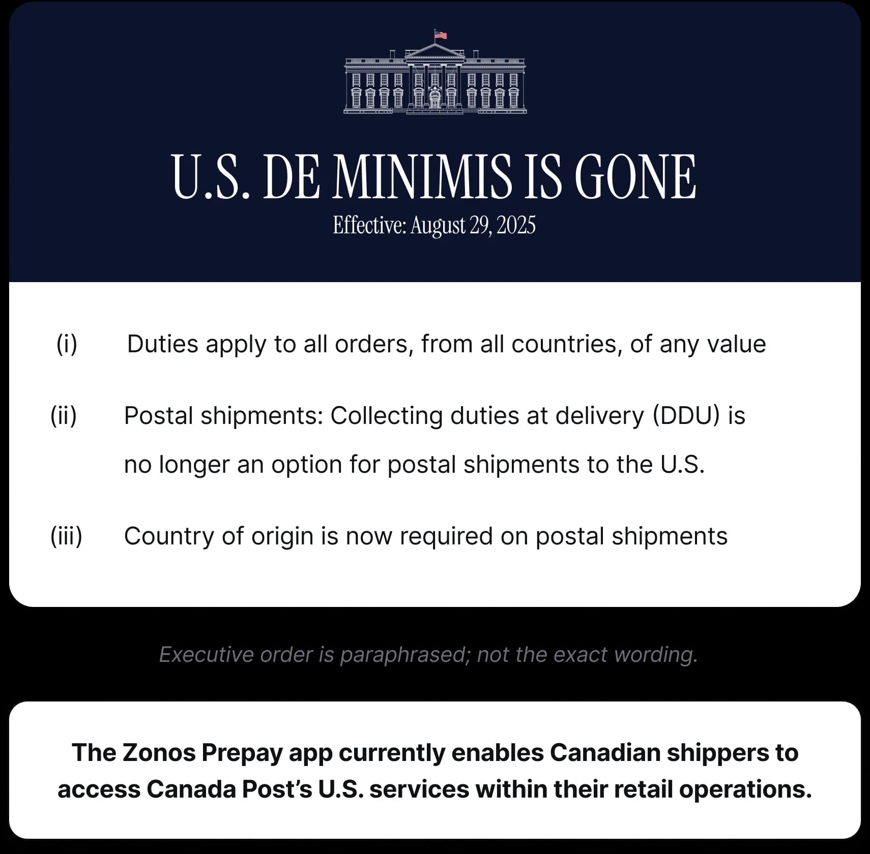 U.S. de minimis ended August 29, 2025, with the Zonos app available to Canada Post shippers